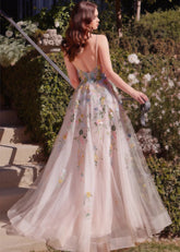 Imogen | Black Tie Ivory Floral Corset Wedding Guest Dress with Slit - Ivory Floral - PromDressClub